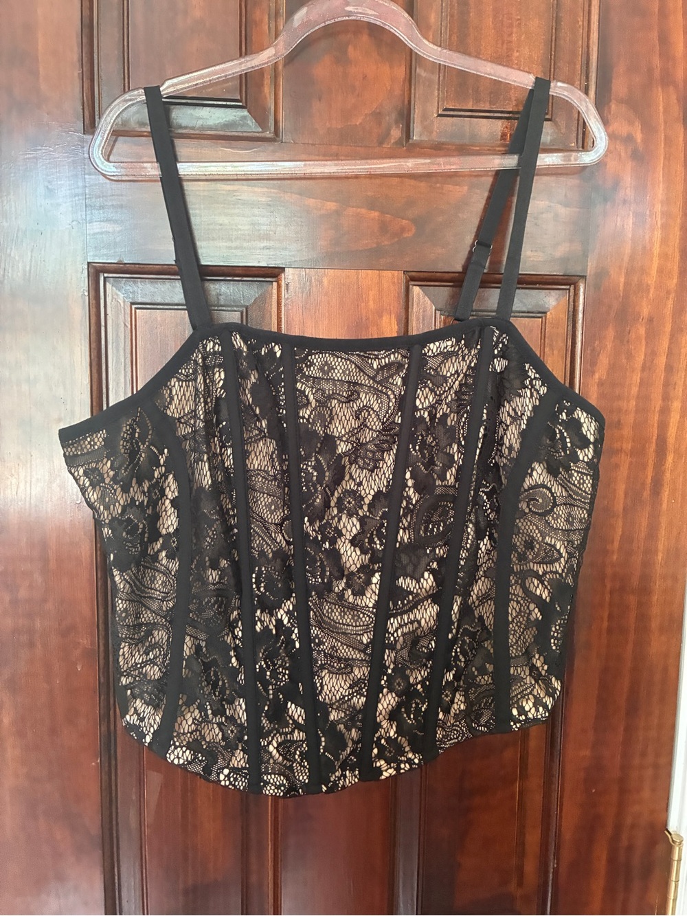 Black Lace Corset Crop Top with Nude Lining